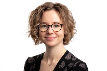 Obraz premium A young woman with short, curly hair is wearing glasses and a black dress. She is smiling at the camera and her face is in focus.