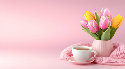 Spring still life scene. Composition with tulips. Cup of coffee, pink knitted plaid
