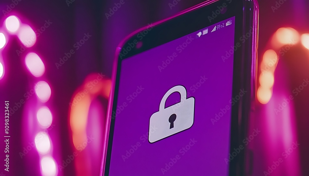 Poster a smartphone displaying a lock icon on a purple background, symbolizing security and privacy.