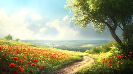 Fototapeta premium A serene landscape featuring a winding path through vibrant poppy fields under a blue sky.