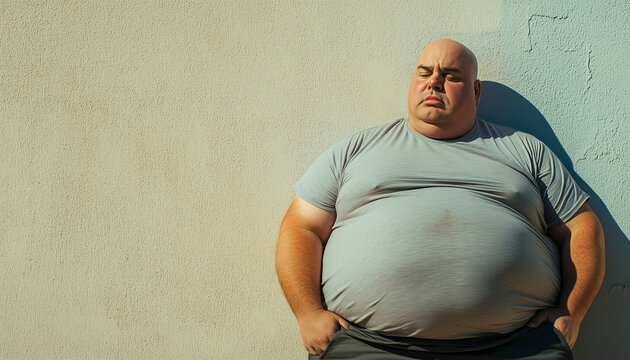 very overweight man standing against a wall enjoying the sun. person with a stomach