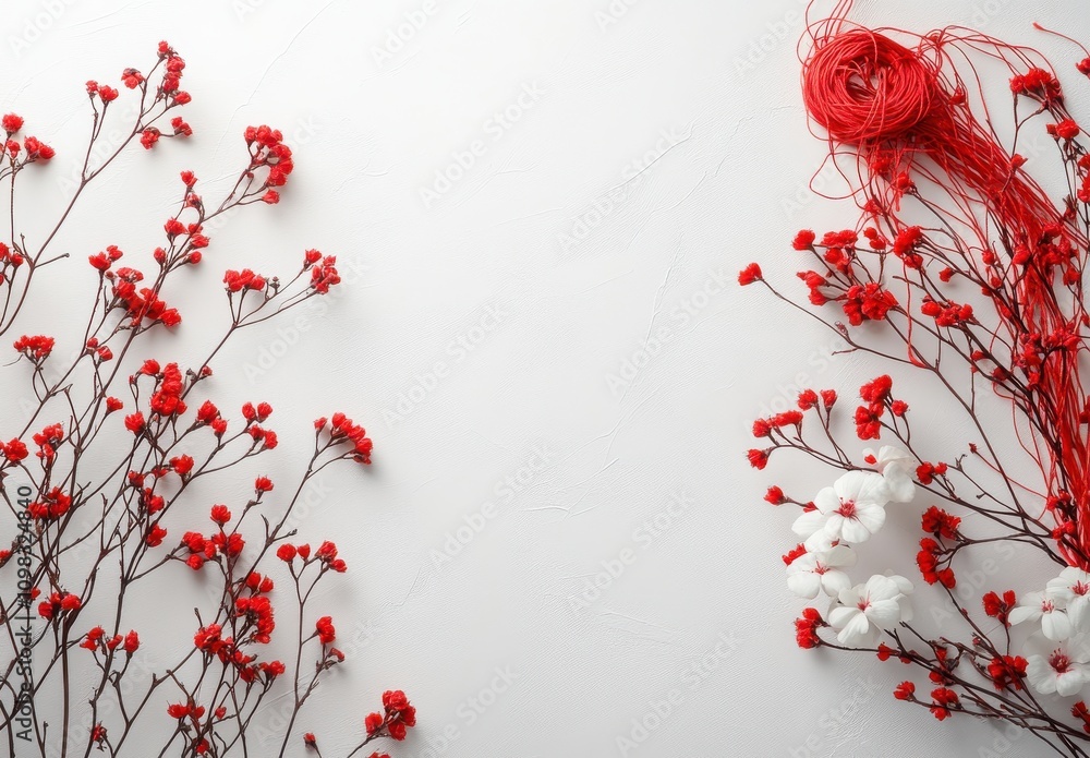 Poster elegant composition of red berries and delicate white flowers with a twisted red string on a soft ne