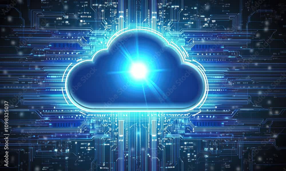 Poster glowing cloud symbol surrounded by digital circuitry, representing cloud technology and data storage