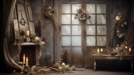 Obraz premium Rustic Christmas tree decorations with pinecones studio lighting setup space on the left side,generative ai illustration