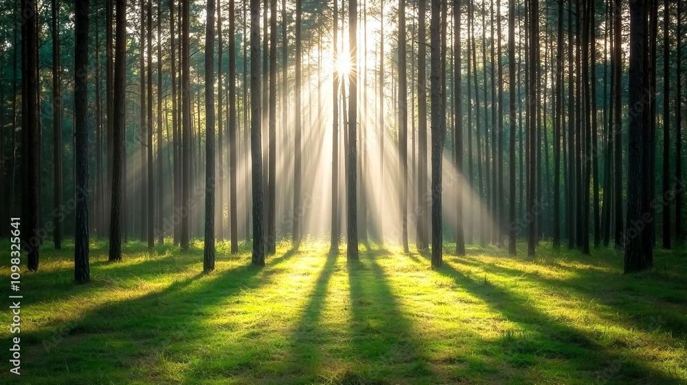 Poster serene forest scene with sunlight streaming through tall trees, creating beautiful rays and shadows 