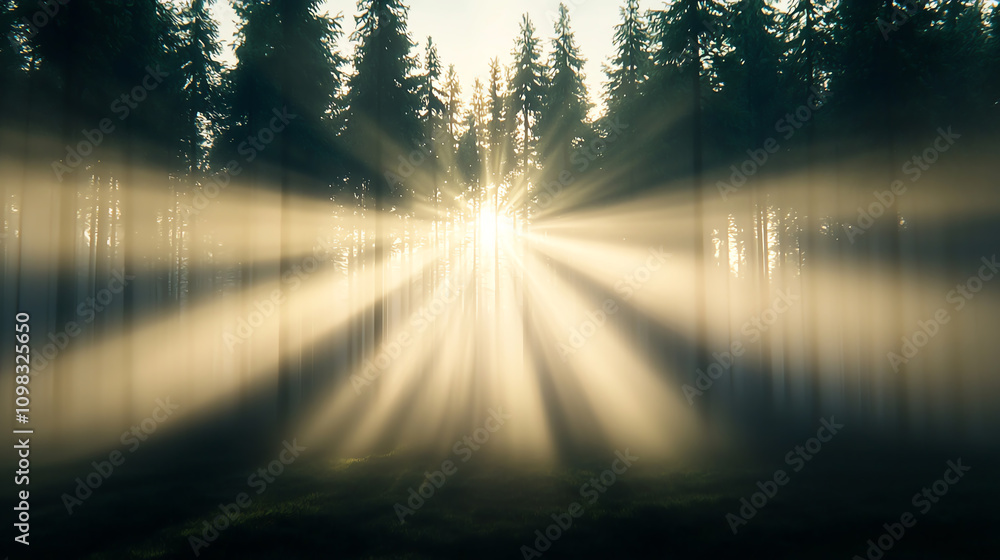 Poster serene forest scene with sunlight streaming through tall trees, creating mystical atmosphere. rays o