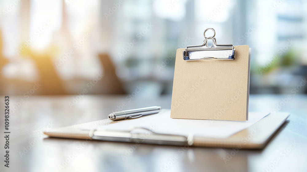 Poster clipboard with blank sheet and pen on wooden table, illuminated by soft sunlight, creating calm work