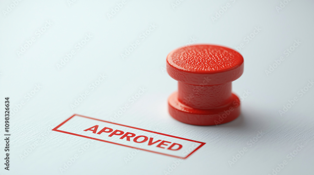 Poster close up of red stamp on document, clearly marked approved, symbolizing validation and acceptance. t