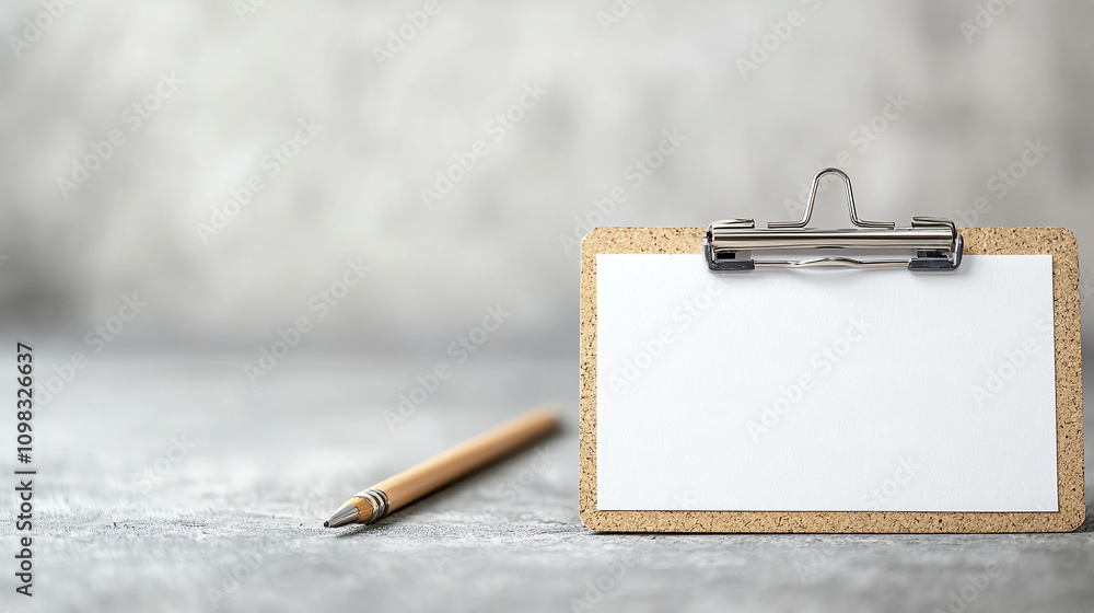 Poster blank clipboard with pencil on textured surface, ideal for notes or reminders. subtle background add