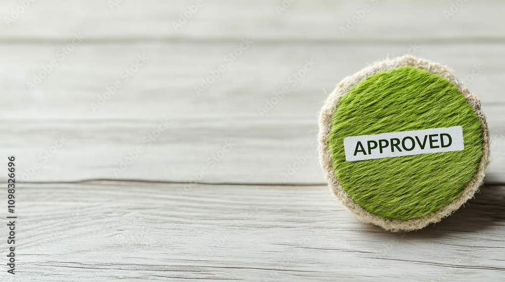 Poster approved stamp with green design on wooden surface, symbolizing validation and acceptance. this conv