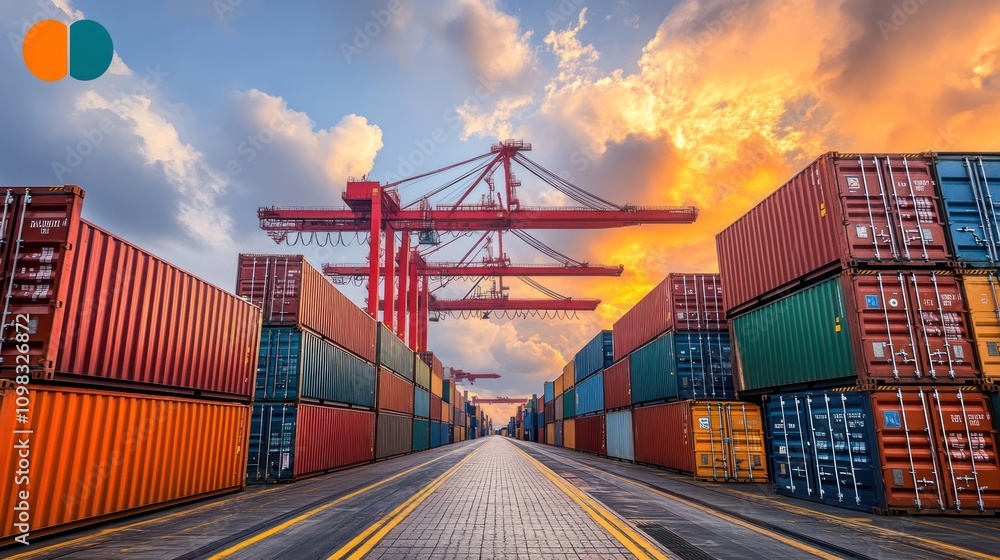 Poster container terminal at sunset with cranes and rows of shipping containers.