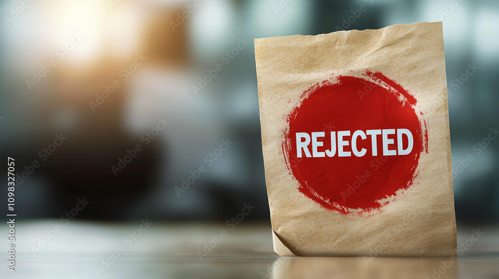 Poster rejected document with bold red stamp, symbolizing disappointment and rejection in professional sett