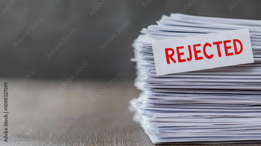 Poster stack of documents marked rejected in red, symbolizing disorganization and rejection. this conveys s