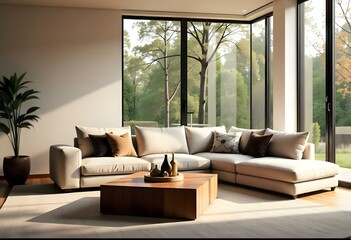 A modern and cozy living room with a large sectional sofa, a wooden coffee table, and large windows overlooking a forested outdoor scene