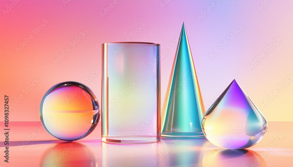 Poster abstract geometric shapes in glass sphere, cone, and cylinder 3d render with holographic gradient te