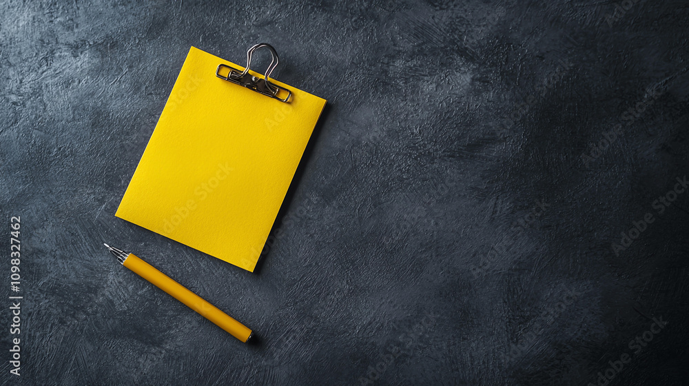 Poster bright yellow notepad with clip and pen on dark textured surface, creating striking contrast. ideal 