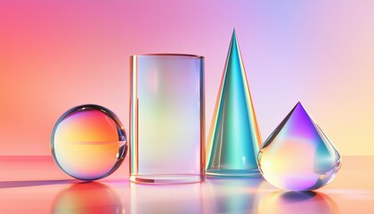 Abstract Geometric Shapes In Glass Sphere, Cone, And Cylinder 3d Render With Holographic Gradient Texture. Crystal Iridescent Objects And Graphic Elements In 3d.