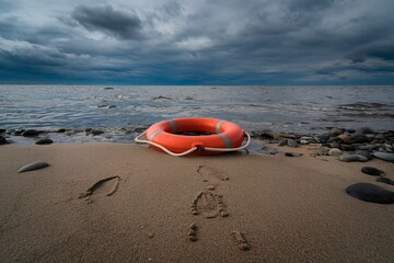 Obraz premium a lifebuoy on a sandy background