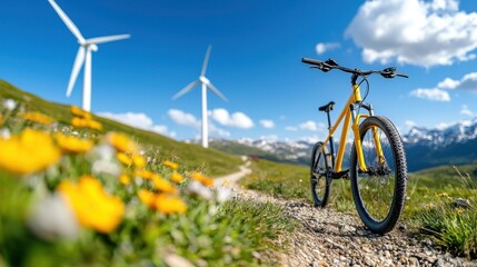 Obraz premium Renewable Energy Wind Turbines Amidst Beautiful Mountain Meadow with Bicycles for Outdoor Recreation and Eco Friendly Sustainable Lifestyle