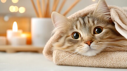 Cozy Cat Wrapped in Soft Blanket with Warm Candle Glow and Decorative Sticks in Background, Perfect for Home and Animal Lovers' Photos