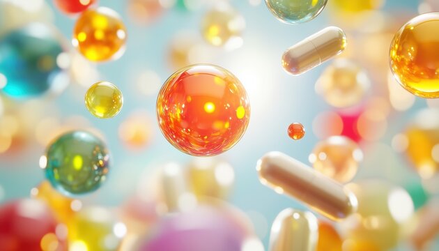 Floating 3d Balls Containing A Variety Of Essential Vitamins And Minerals Including A, Omega 3, E, Mg, Ca, D3, Fe, B1, B12, And More.