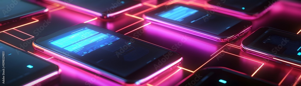 Poster neon lit smartphones displaying data interfaces