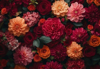 Vibrant Assortment of Roses and Dahlias in a Colorful Floral Arrangement Showcasing Blooms in Shades of Red, Pink, Orange, and Peach for Nature and Decoration Lovers