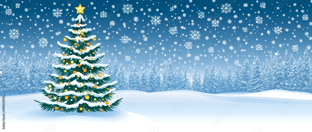 Poster a winter forest scene with frosty fir trees, creating a christmas background with a blurred snowy se