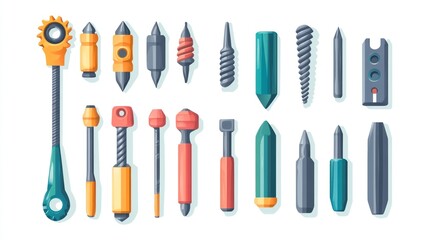 Colorful Illustration of Drilling Bits and Tools