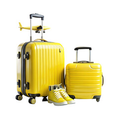 Yellow travel luggage bag hat map camera shoes airplane globe on a transparent background Generative Ai.