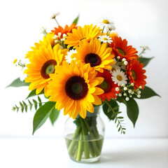 Obraz premium A colorful bouquet of sunflowers, orange gerbera daisies, and white chrysanthemums, beautifully arranged with greenery on a stark white background.