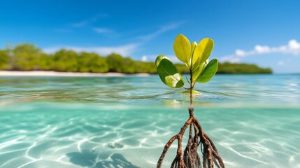 A young mangrove plant rises above clear water, showcasing its roots in a vibrant coastal habitat under a bright blue sky.