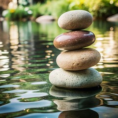 A stack of smooth stones balanced delicately on the surface of calm water, with subtle ripples around them