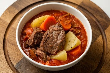 A photo of a bowl of hearty beef stew with chunks of meat, potatoes, and carrots in a rich, tomato-based broth