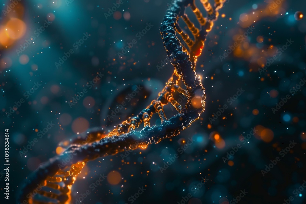 Poster dna strand rotating in a particle filled scientific background