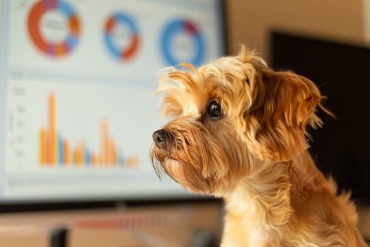 Yorkshire terrier looking at business charts on computer screen