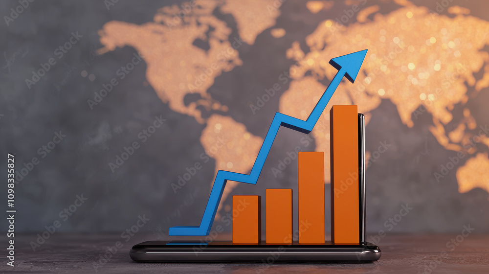 Poster 3d render of rising graph on smartphone screen with blue upward arrow, symbolizing growth and succes