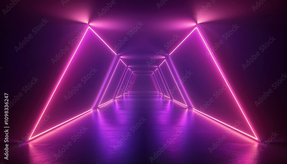 Poster futuristic virtual portal: realistic neon light tunnel perspective with triangular shape geometric l