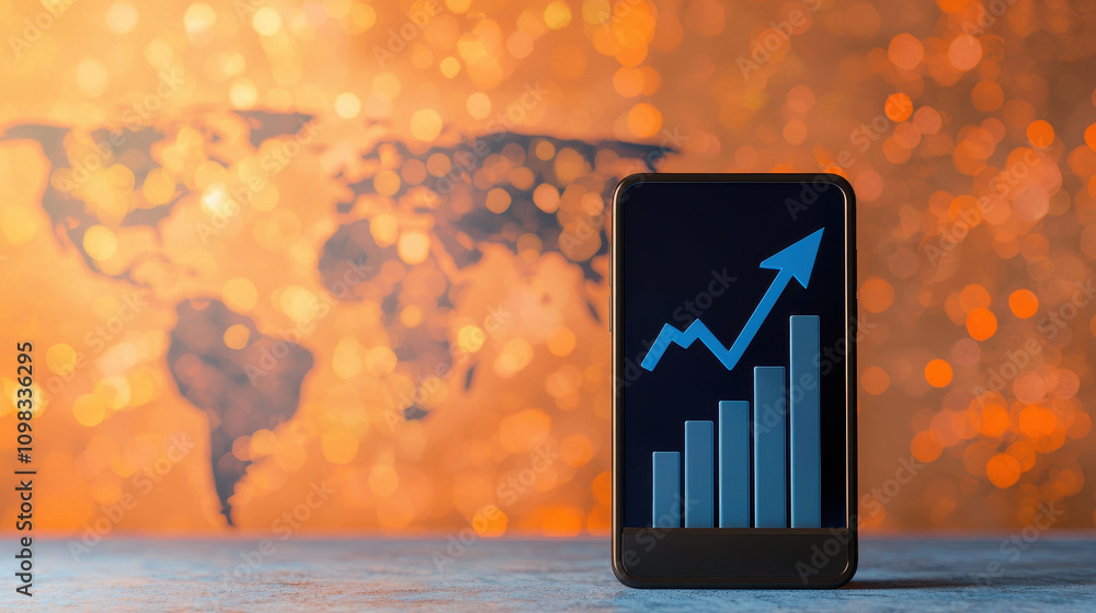 Aufkleber smartphone displaying rising graph against blurred world map background, symbolizing growth and prog