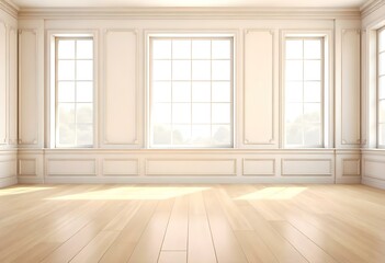 Obraz premium An empty room with large windows, wooden floor, and white walls with decorative molding