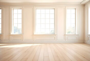 Fototapeta premium An empty room with large windows, wooden floor, and white walls with decorative molding