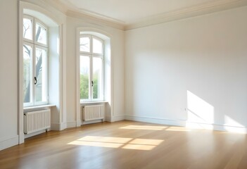 Fototapeta premium An empty room with large windows, wooden floor, and white walls with decorative molding