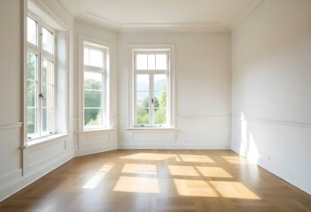 Obraz premium An empty room with large windows, wooden floor, and white walls with decorative molding