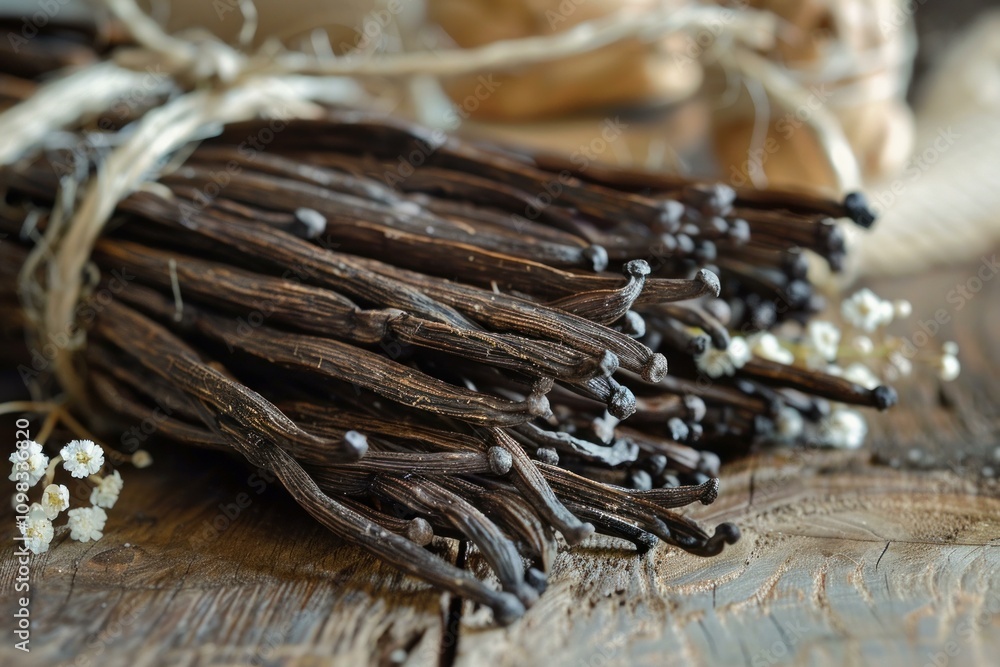 Poster bundle of vanilla pods tied with string lying on rustic wooden table