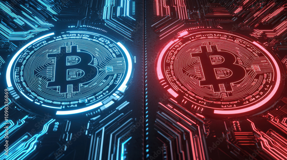 Poster futuristic abstract background featuring bitcoin symbols in blue and red. intricate circuit design e