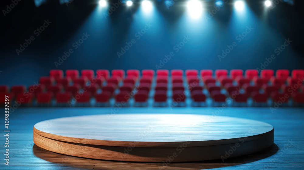 Poster 3d rendering of empty stage with spotlight and red chairs, creating inviting atmosphere for performa