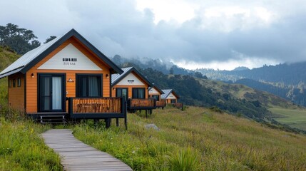 Fototapeta premium Rustic wooden cabins nestled in a lush mountainous landscape with overcast skies offering a peaceful and serene retreat from the hustle and bustle of everyday life