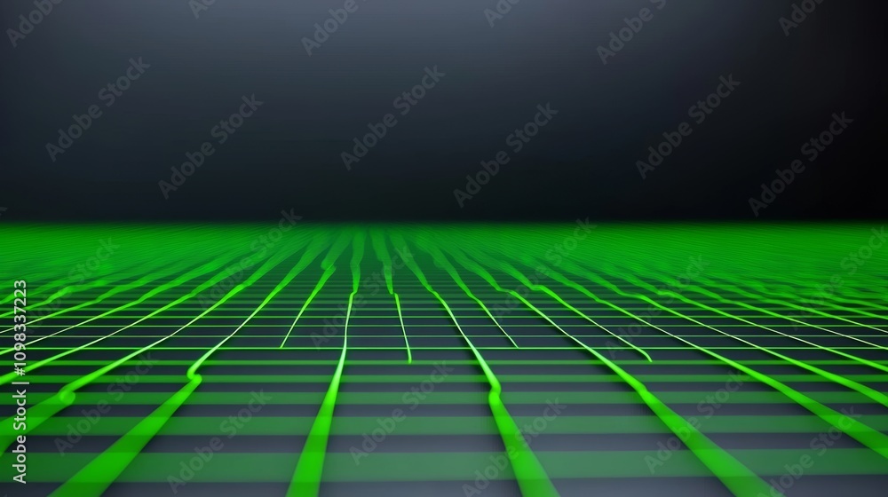 Poster this is a conceptual wireframe landscape view, featuring a lifelike green grid on a see-through blac