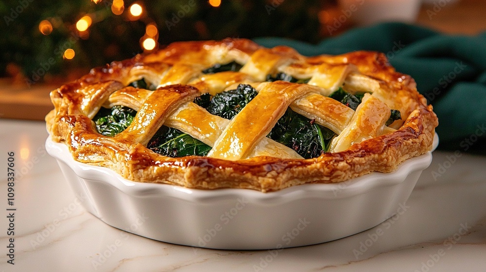 Aufkleber a close-up of a pie in a dish on a table with a christmas tree in the background