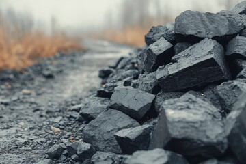 Pile of coal on a dirt path surrounded by nature in a foggy environment